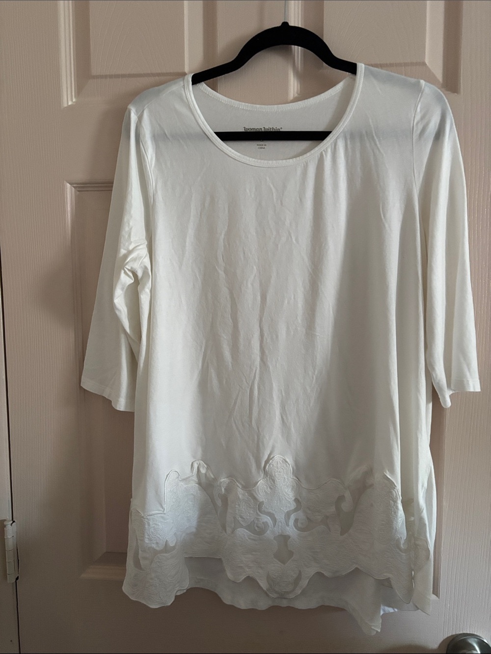 Woman Within White Scoop Neck Tunic with Scalloped Embroidered Hem